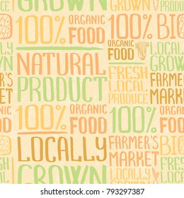 Handdrawn Seamless Pattern With Handwritten Words And Pictures In Rough Style. Farmer`market, Locally Grown, Organic Food, Bio, Natural Product, Fresh Local Produce. Poster, Flayer, Banner Design.