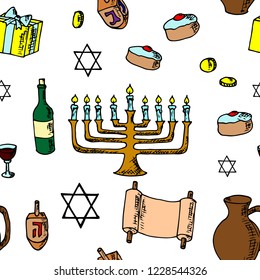 Hand-drawn seamless pattern of Hanukkah illustrations. Vector cartoon background.