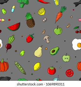 Hand-drawn seamless pattern of healthy foods. Vector sketches. Diet food.