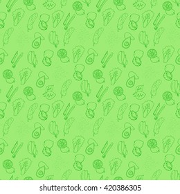 Hand-drawn seamless pattern with healthy foods in green colors. Banana, lemon, spinach, cinnamon, spirulina, lettuce, avocado, cucumber, coconut. Vector illustration