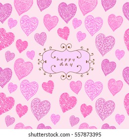 Hand-drawn seamless pattern of hearts and Retro Decorative Border Frames. Vector illustration.