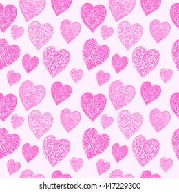 Hand-drawn seamless pattern of hearts. Vector illustration. Isolated from background.