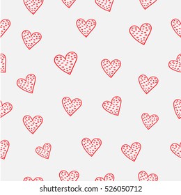 Hand-drawn seamless pattern of hearts. Vector illustration.