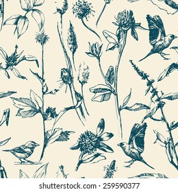 Hand-drawn seamless pattern with  herbs and birds. Vector