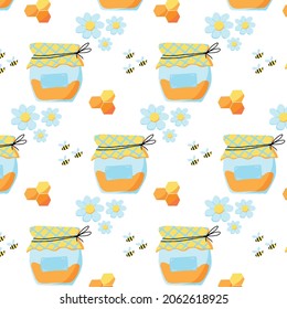 Hand-drawn seamless pattern with honey jar, flowers and bees. Cute bright pattern with honey.