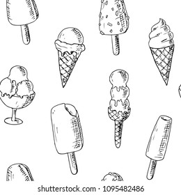 Hand-drawn seamless pattern of ice cream. Cartoon sketches. Vector doodles. Wrapping paper.