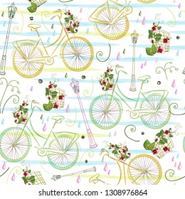 Hand-drawn seamless pattern with the image of a bicycle, a basket for flowers, a street lamp and a raindrop. Textile summer pattern fow girls. Children clothes print. Wallpaper design watercolor. 