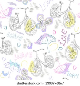 Hand-drawn seamless pattern with the image of a bicycle, hearts, butterflies, an umbrella and the word love. Textile summer pattern fow girls. Clothes print. Wallpaper design watercolor. 