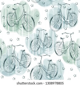 Hand-drawn seamless pattern with the image of bicycles and stars. Textile summer pattern fow girls. Children clothes print. Wallpaper design watercolor. Bicycle travel.