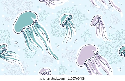 Hand-drawn seamless pattern with jellyfishes, bubbles and corals. Colorful endless purple and blue background. Digital design for wallpaper, packaging, textile, printing, web.