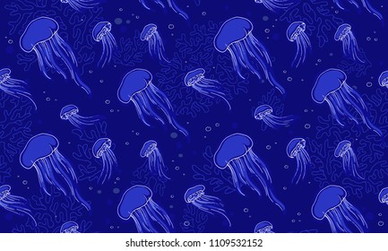 Hand-drawn seamless pattern with jellyfishes, bubbles and corals. Phosphorescent medusas on deep blue background. Illustration with white 	
contour. Digital design for wallpaper, packaging, textile