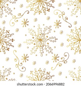 Hand-drawn seamless pattern with lacy snowflakes. Vector illustration with golden snowflakes outlines for wrapping paper, invitations, cards and fabric.