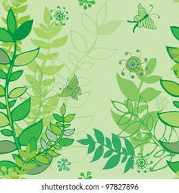 Hand-drawn seamless pattern with leaves and butterflies. Spring and summer greens.