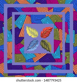Hand-drawn seamless pattern with leaves and geometric elements. Square arrangement. Background for printing on scarves, postcards, carpets, bandanas, napkins, home textiles, pareos, hijab, covers.