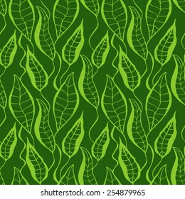 Hand-drawn  seamless pattern of leaves in shades of green