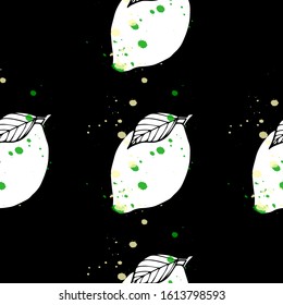 Hand-drawn seamless pattern with lemons and bright splashes on a black background. Perfect for invitations, cards, print, flyers, posters.