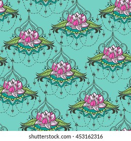 Hand-drawn seamless pattern with lotus in east style. Can be used for backgrounds, business style, tattoo templates, cards design or else. Vector illustration.