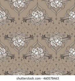 Hand-drawn seamless pattern with lotus in east style. Can be used for backgrounds, business style, tattoo templates, cards design or else. Vector illustration.