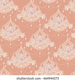 Hand-drawn seamless pattern with lotus in east style. Can be used for backgrounds, business style, tattoo templates, cards design or else. Vector illustration.