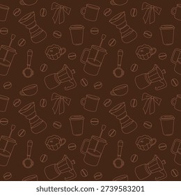 Hand-drawn seamless pattern made of coffee equipment and coffee beans for cafe or coffee shop branding and packaging