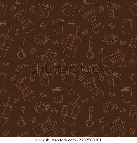 Hand-drawn seamless pattern made of coffee equipment and coffee beans for cafe or coffee shop branding and packaging