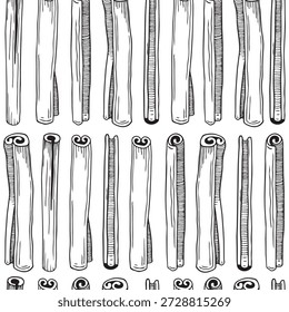 Padrão sem costura desenhado à mão feito de paus de canela secos, esboço botânico gráfico detalhado preto e branco no fundo branco