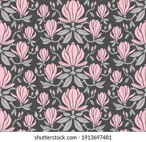 Hand-drawn seamless pattern with magnolia flowers. Colorful floral illustration for paper, gift wrap, wallpapers, fabric, textile design. Textured flowers, leaves, and branches.