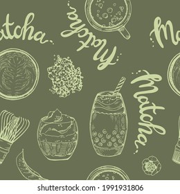 Hand-drawn seamless pattern matcha cocktails and desserts, vector illustration.