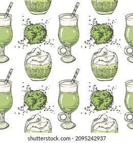 Hand-drawn seamless pattern matcha cocktails and desserts, vector illustration.