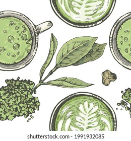 Hand-drawn seamless pattern matcha drinks and leaves, vector illustration.