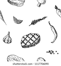 Hand-drawn seamless pattern of meat steak, fish steak and vegetables. Food sketches. Vector cartoon background.