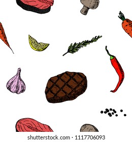 Hand-drawn seamless pattern of meat steak, fish steak and vegetables. Food sketches. Vector cartoon background.