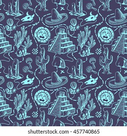 Hand-drawn Seamless Pattern with Mexican Landscape and Attributes