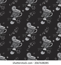 Hand-drawn seamless pattern with mulled wine. Festive drink on a black background for cards, covers, wrapping. Vector illustration. 