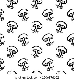 Handdrawn seamless pattern mushroom doodle icon. Hand drawn black sketch. Sign symbol. Decoration element. White background. Isolated. Flat design. Vector illustration.