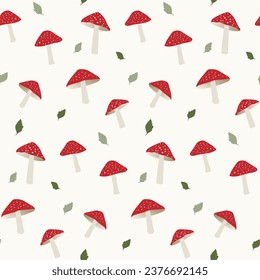 Hand-drawn seamless pattern of mushrooms with green leaves. Fly agaric vector design for textile, wrapping paper. Magic wonderful mushroom background	