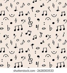 Hand-drawn seamless pattern with music notes and rests for Global Music Events.Seamless pattern with playful hand-drawn music elements on pastel background. Ideal for posters, wraps, or fabric.