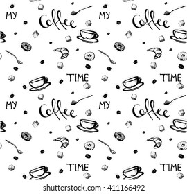 hand-drawn seamless pattern . My coffee time quote. Doodles of coffee cup, donuts, spoons, coffee beans. Vector illustration