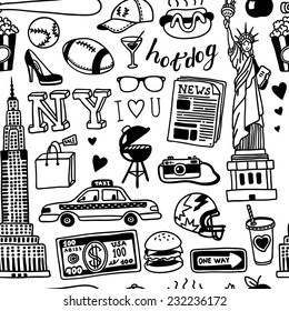 hand-drawn seamless pattern with New York doodles