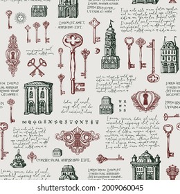 Hand-drawn seamless pattern with old buildings, vintage keys and keyholes. Vector background in retro style with pencil drawings and handwritten text lorem ipsumon an old paper backdrop