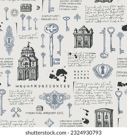 Hand-drawn seamless pattern with old buildings, vintage keys and keyholes. Vector background in retro style with pencil drawings and handwritten text lorem ipsumon an old paper backdrop