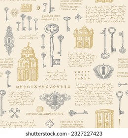 Hand-drawn seamless pattern with old buildings, vintage keys and keyholes. Vector background in retro style with pencil drawings and handwritten text lorem ipsumon an old paper backdrop