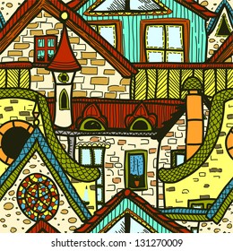 Hand-drawn seamless pattern with old town