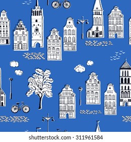 Hand-drawn seamless pattern with old town / Vector illustration