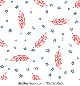 Handdrawn seamless pattern with olive branch and stars on white background. Vector illustration.