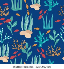 Handdrawn seamless pattern on a blue background with marine plants, seaweeds, corals and small fish. Vector illustration.