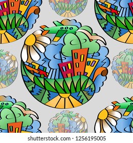 Handdrawn seamless pattern on environmental theme with doodle elements of the urban landscape. For fabrics, wrappers, wallpaper.
