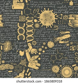 Hand-drawn seamless pattern on the scientific theme of chemistry, genetics, medicine. Abstract vector background with sketches and handwritten text lorem ipsum in retro style on a dark backdrop