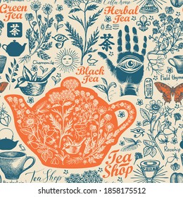 Hand-drawn seamless pattern on the theme of tea and tea shop with sketches. Old-fashioned decorative background with herbs. Suitable for vector Wallpaper, wrapping paper, fabric. Chinese character tea