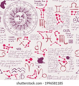 Hand-drawn seamless pattern on a theme of zodiac and horoscopes in retro style. Abstract vector background in pink colors with zodiac signs, handwritten text Lorem ipsum, sun, moon and constellations